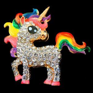 Rainbow UNICORN Horse Sunshine Rhinestone Necklace Pendant Betsey Johnson Brooch